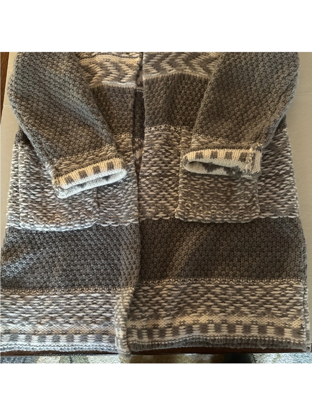Lucky Brand LG Gray Nordic Fair Isle Wool Blend Long Open Cardigan Sweater Coat - Picture 2 of 8